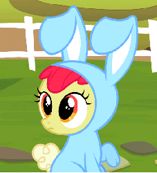Size: 491x540 | Tagged: safe, screencap, apple bloom, earth pony, pony, family appreciation day, g4, season 2, adorabloom, animal costume, animated, bunny bloom, bunny costume, clothes, costume, cropped, cute, female, fence, filly, floppy ears, foal, gif, solo