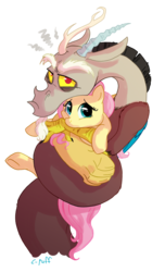 Size: 574x944 | Tagged: safe, artist:c-puff, discord, fluttershy, draconequus, pony, g4, coils, cute, discute, female, hug, male, ship:discoshy, shipping, shyabetes, simple background, straight, transparent background
