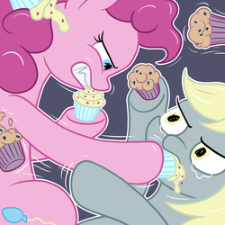 Size: 1600x1600 | Tagged: safe, artist:dahtamnay, derpy hooves, pinkie pie, earth pony, pegasus, pony, g4, angry, crying, cupcake, cupcakes vs muffins, derpy hooves is not amused, duo, female, fight, food, food fight, furious, mare, muffin, pinkie pie is not amused, unamused