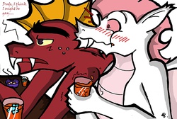 Size: 3500x2349 | Tagged: safe, artist:mcbain, fizzle, garble, dragon, g4, coming out, dialogue, drink, gay, male, ship:garbizzle, shocked, table, teenaged dragon