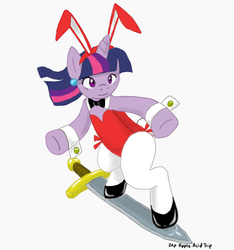 Size: 750x800 | Tagged: safe, artist:zap-apple-acid-trip, twilight sparkle, pony, unicorn, g4, bipedal, blue mane, bunny ears, bunny suit, clothes, crossover, daicon iv, ear piercing, earring, electric light orchestra, eyelashes, female, gainax, hooves, horn, jewelry, leotard, long mane, multicolored mane, pantyhose, piercing, pink mane, playboy bunny, purple mane, simple background, solo, sword, sword surfing, white background