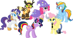 Size: 1000x519 | Tagged: safe, artist:schnuffitrunks, applejack, fluttershy, iron will, lightning dust, nightmare rarity, pinkie pie, rainbow dash, rarity, sunset shimmer, trixie, twilight sparkle, earth pony, pegasus, pony, timber wolf, unicorn, g4, antagonist, clothes, costume, female, mane six, mare, nightmare night, raised hoof, role reversal, simple background, spread wings, timber wolfified, timberjack, transparent background, unicorn twilight, wings