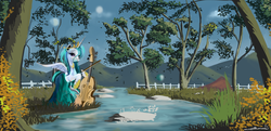 Size: 4464x2160 | Tagged: safe, artist:auroriia, princess celestia, g4, bow (instrument), cello, cello bow, clothes, dress, evening, female, forest, music, musical instrument, performance, playing, river, solo
