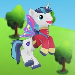 Size: 286x286 | Tagged: safe, gameloft, shining armor, alicorn, pony, unicorn, g4, clear the skies, clothes, glimmer wings, male, solo, wings