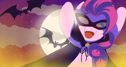 Size: 900x480 | Tagged: dead source, safe, artist:loyaldis, pinkie pie, bat, vampire, g4, animal, backlighting, bipedal, cape, clothes, costume, dracula, female, mask, masquerade mask, moon, night, solo