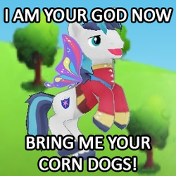 Size: 286x286 | Tagged: safe, gameloft, shining armor, alicorn, pony, unicorn, friendship is witchcraft, g4, clear the skies, clothes, corndog, glimmer wings, i am your god now bring me your virgins, image macro, male, solo, wings
