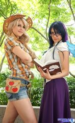 Size: 1254x2048 | Tagged: safe, artist:rose0fmay, applejack, twilight sparkle, human, g4, book, clothes, cosplay, glasses, hat, irl, irl human, long skirt, photo, skirt
