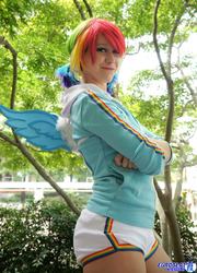 Size: 1478x2048 | Tagged: safe, artist:burloire, artist:rose0fmay, rainbow dash, human, g4, clothes, cosplay, irl, irl human, photo, shorts, solo, wings