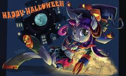 Size: 4000x2400 | Tagged: safe, artist:akamei, oc, oc only, oc:sami, succubus, clothes, female, filly, halloween, hat, holiday, horns, jack-o-lantern, pixiv, pumpkin, solo, sorceress, witch hat