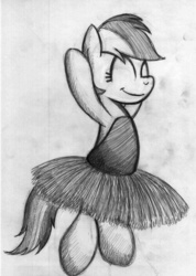 Size: 2346x3300 | Tagged: safe, artist:drawponies, rainbow dash, pony, g4, ballerina, ballet, bipedal, clothes, cute, dress, eyes closed, female, grayscale, happy, mare, monochrome, rainbow dash always dresses in style, rainbowrina, simple background, solo, traditional art, tutu, white background, wingless
