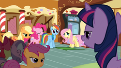 Size: 1920x1080 | Tagged: safe, screencap, apple bloom, applejack, fluttershy, pinkie pie, rainbow dash, scootaloo, sweetie belle, twilight sparkle, g4, the cutie mark chronicles, cutie mark crusaders, eyes closed, lidded eyes, out of context
