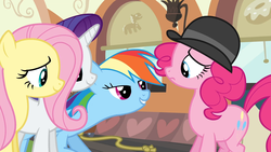 Size: 1920x1080 | Tagged: safe, screencap, fluttershy, pinkie pie, rainbow dash, rarity, g4, mmmystery on the friendship express, bowler hat, gas lamp, hat, lidded eyes, out of context