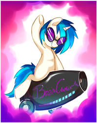 Size: 1467x1839 | Tagged: safe, artist:pepooni, dj pon-3, vinyl scratch, g4, bass cannon, cannon, female, riding, solo
