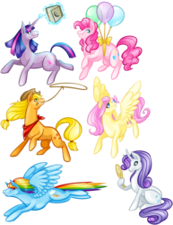 Size: 2550x3300 | Tagged: safe, artist:akstatic, applejack, fluttershy, pinkie pie, rainbow dash, rarity, twilight sparkle, butterfly, balloon, bandana, book, bow, floating, flying, lasso, magic, mane six, mirror, mouth hold, telekinesis, then watch her balloons lift her up to the sky