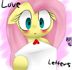 Size: 1600x1560 | Tagged: safe, artist:farfromserious, fluttershy, twilight sparkle, pegasus, pony, g4, blushing, female, floppy ears, heart, lesbian, letter, love letter, mail, ship:twishy, shipping