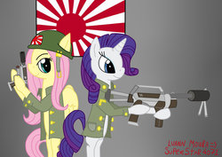 Size: 900x637 | Tagged: safe, fluttershy, rarity, pony, g4, bipedal, clothes, duo, flag, helmet, japan, weapon