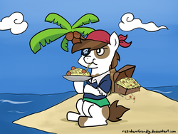 Size: 1024x768 | Tagged: safe, artist:residentfriendly, pipsqueak, g4, bandana, clothes, cloud, eating, eyepatch, food, island, male, ocean, palm tree, pipsqueak eating spaghetti, pirate, plate, solo, spaghetti, tree, water