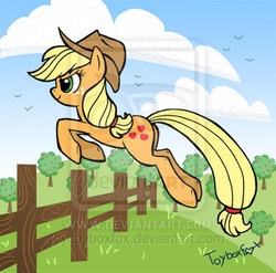 Size: 400x395 | Tagged: dead source, safe, artist:toyboxfox, applejack, bird, g4, action pose, cloud, cloudy, deviantart watermark, female, fence, jumping, obtrusive watermark, solo, tree, watermark