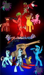 Size: 690x1157 | Tagged: safe, artist:shovahkiin, pony, agent texas, andy, bipedal, church, doc, donut, grif, gun, helmet, lopez, michael j. caboose, o'malley, ponified, red vs blue, sarge, sheila, simmons, sister, tucker, weapon