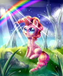 Size: 2500x3000 | Tagged: safe, artist:aquagalaxy, pinkie pie, g4, blank flank, female, rainbow, rock, solo, sunlight, tree