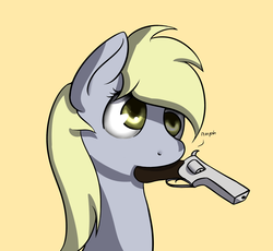 Size: 2677x2464 | Tagged: dead source, safe, artist:neuro, derpy hooves, pegasus, pony, g4, female, gun, high res, mare, mouth hold, revolver, simple background, solo, this will end in death, this will end in tears, this will end in tears and/or death, yellow background