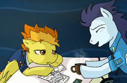 Size: 758x500 | Tagged: safe, artist:ajfive, soarin', spitfire, pegasus, pony, g4, clothes, coffee, female, male, ship:soarinfire, shipping, straight, table, tired, uniform, wonderbolts dress uniform, working