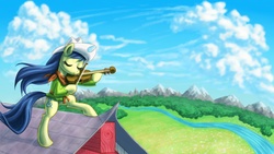 Size: 1600x905 | Tagged: safe, artist:rainspeak, fiddlesticks, earth pony, pony, g4, apple family member, barn, bipedal, clothes, female, fiddler on the roof, hat, mountain, musical instrument, playing, river, scenery, solo, violin, water