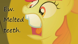 Size: 640x360 | Tagged: safe, edit, edited screencap, screencap, apple bloom, g4, the cutie pox, caption, female, insane pony thread, mouth, reflection, solo, teeth, text, tongue out