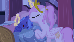 Size: 1920x1080 | Tagged: safe, artist:arvaus, princess celestia, princess luna, pony, g4, baby, baby pony, bed, blanket, cewestia, cute, diaper, eyes closed, filly, foal, kissing, magic, pink-mane celestia, ponytail, sleeping, sweet dreams fuel, underhoof, wallpaper, weapons-grade cute, woona, young celestia, younger