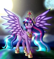 Size: 1400x1550 | Tagged: dead source, safe, artist:leffenkitty, twilight sparkle, alicorn, pony, g4, big crown thingy, crown, element of magic, epic, female, looking at you, mare, moon, solo, space, sun, twilight sparkle (alicorn)