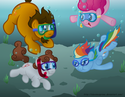 Size: 1024x795 | Tagged: safe, artist:aleximusprime, pinkie pie, rainbow dash, oc, oc:alex the chubby pony, oc:dreamer, g4, bubble, goggles, harsher in hindsight, larger male, physique difference, ponysona, smaller female, snorkel, swim mask, swimming, underwater