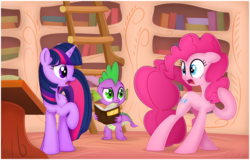 Size: 1220x780 | Tagged: safe, artist:ctb-36, pinkie pie, spike, twilight sparkle, g4, book, library, scene interpretation