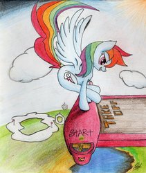 Size: 1024x1214 | Tagged: safe, artist:rapiddash189, rainbow dash, g4, cloud, diving, female, race, solo, traditional art, vertigo