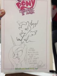 Size: 768x1024 | Tagged: safe, artist:andypriceart, artist:katiecandraw, derpy hooves, princess luna, pegasus, pony, g4, andy you magnificent bastard, angry, female, katie does it again, logo, mare, traditional art