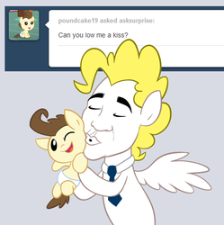 Size: 800x804 | Tagged: safe, artist:willdrawforfood1, pound cake, surprise, human, pony, ask surprise, g1, g4, ask, baby, baby pony, barack obama, colt, diaper, foal, kissing, necktie, tumblr, wat