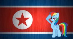 Size: 720x388 | Tagged: safe, rainbow dash, g4, awful res, cover image, flag, looks worse than kim jong-il's corpse, lowres, north korea, north korean flag, patriotism, rainbow dash salutes, salute, stars