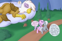 Size: 1024x683 | Tagged: safe, artist:fearingfun, diamond tiara, gilda, silver spoon, earth pony, griffon, pony, g4, butt, female, filly, foal, food chain, griffons doing griffon things, imminent karma, implied scootaloo, night, plot, predator, prey, this will end in tears