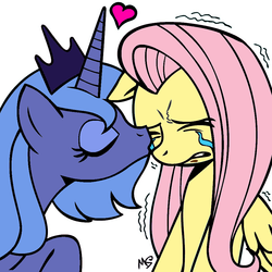 Size: 945x945 | Tagged: safe, artist:megasweet, fluttershy, princess luna, alicorn, pegasus, pony, g4, crying, eyes closed, female, heart, kissing, lesbian, s1 luna, sad, ship:lunashy, shuddering, simple background, white background, your tears are delicious