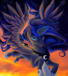 Size: 800x889 | Tagged: safe, artist:thecraftywhitefox, princess luna, g4, female, flying, magic, solo