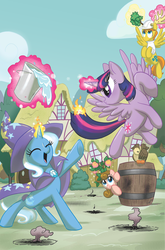 Size: 1017x1543 | Tagged: safe, artist:amy mebberson, idw, owlowiscious, peachy cream, trixie, twilight sparkle, warm front, alicorn, pony, g4, barrel, bucket, comic cover, cover, duel, female, fire, magic, mare, peach, pyromancy, telekinesis, twilight sparkle (alicorn)