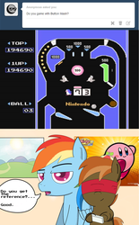 Size: 1082x1744 | Tagged: safe, artist:dark-southern-rebel, button mash, rainbow dash, puffball, g4, blindfold, kirby, kirby (series), nintendo, nintendo entertainment system, pinball, pinball wizard, playing, poster, speech bubble, sun, the who, tommy, video game, window