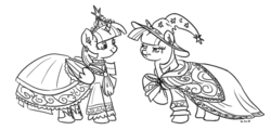 Size: 1280x615 | Tagged: safe, artist:king-kakapo, edit, twilight sparkle, alicorn, pony, g4, clothes, dress, ear fluff, earring, female, frown, mare, monochrome, raised hoof, self ponidox, smiling, standing, twiface, twilight sparkle (alicorn), unamused