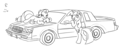 Size: 1100x440 | Tagged: safe, artist:king-kakapo, rarity, twilight sparkle, pony, unicorn, g4, buick, buick gnx, butt, car, drawthread, female, mare, monochrome, plot, requested art, signature, wip