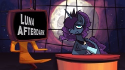Size: 1280x722 | Tagged: safe, artist:herny, princess luna, luna-afterdark, female, late night show, moon, parody, solo, space ghost, space ghost coast to coast, space ghost: coast to coast, table, television