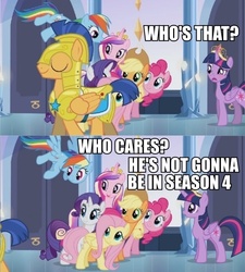Size: 590x656 | Tagged: safe, applejack, flash sentry, fluttershy, pinkie pie, princess cadance, rainbow dash, rarity, twilight sparkle, equestria girls, g4, season 4, adventure in the comments, armor, crown, dialogue, equestria girls drama, hilarious in hindsight, image macro, lies, mane six, op is trying to start shit, twilight sparkle (alicorn)