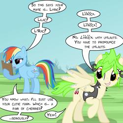 Size: 1280x1280 | Tagged: safe, artist:violetclm, cherry crash, rainbow dash, pegasus, pony, equestria girls, g4, background human, clipboard, comic, dialogue, equestria girls ponified, lÿröck, pencil, ponified, speech bubble