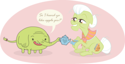 Size: 3000x1538 | Tagged: safe, artist:ivyhaze, granny smith, g4, adventure time, crossover, drink, male, speech bubble, tea, teacup, teapot, tree trunks