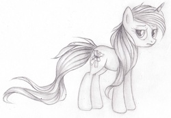 Size: 2477x1715 | Tagged: safe, artist:vird-gi, oc, oc only, oc:vird-gi, oc:virginia, pony, unicorn, female, horn, looking at you, mare, monochrome, sad, solo, traditional art, unicorn oc