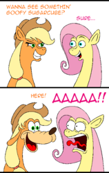 Size: 450x710 | Tagged: safe, artist:hellarmy, applejack, fluttershy, dog, pony, g4, comic, goofy (disney), mickey mouse, nightmare fuel, scared, shocked, silly, silly pony, tongue out, wat, who's a silly pony, why