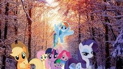 Size: 1920x1080 | Tagged: safe, artist:chanceh96, applejack, fluttershy, pinkie pie, rainbow dash, rarity, spike, twilight sparkle, g4, forest, irl, mane seven, mane six, photo, ponies in real life, pose, snow, sunlight, vector